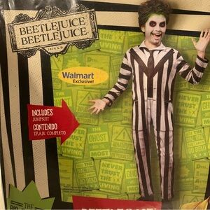 Beetlejuice Kids Costume - Black and White Striped Jumpsuit Size Medium (8) NEW